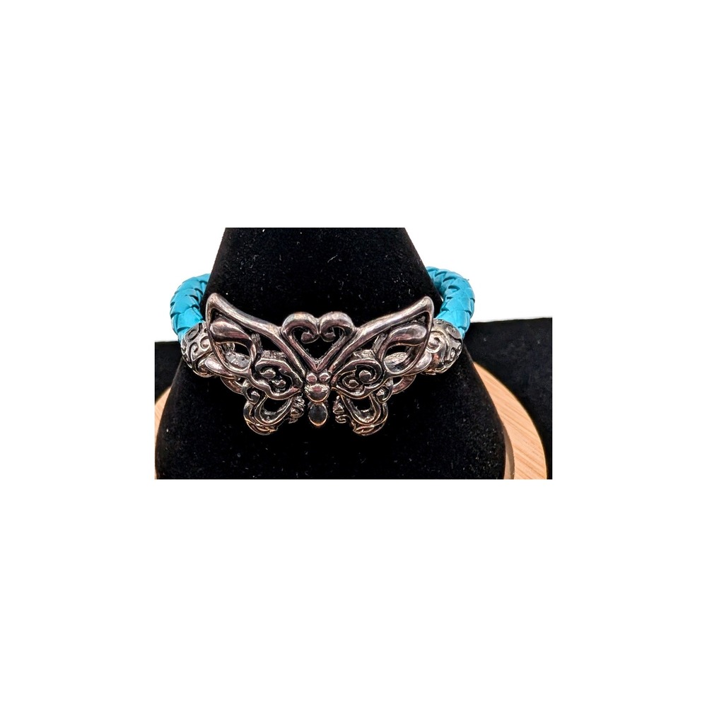 Braided Turquoise Leather Butterfly Toggle Bracelet Silver Tone Filigree Boho